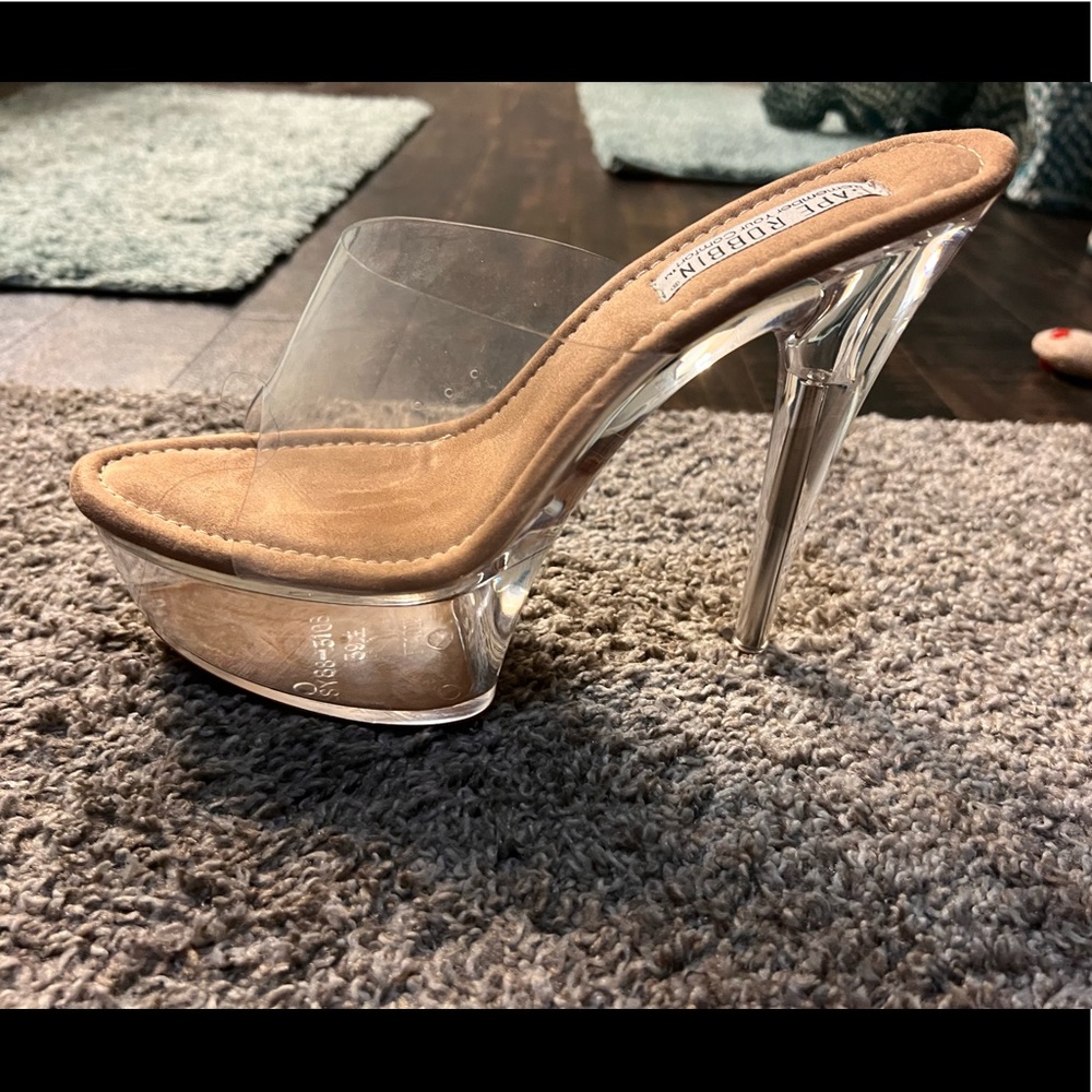 WORN for a photoshoot. Clear platform heels